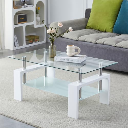 White Rectangle Glass Coffee Table - Modern Living Room Accent Furniture