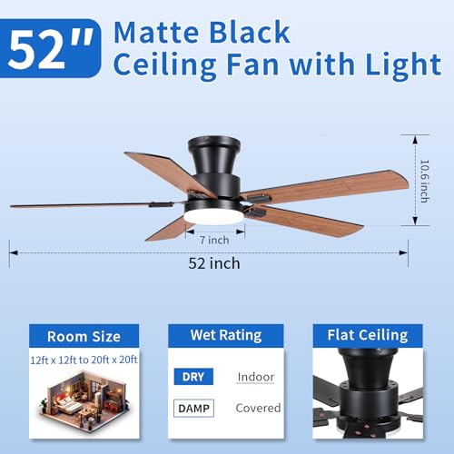 NKPU 52-Inch Brown Ceiling Fan with Lights, Remote & App Control, Dimmable, Quiet DC Motor, Flush Mount for Indoor & Outdoor