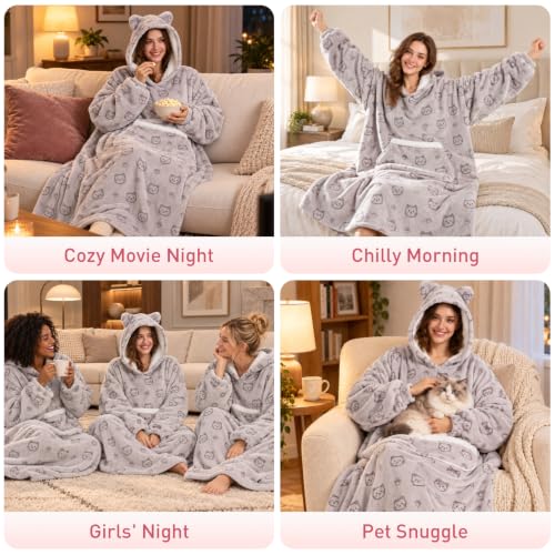 Silver Cat Wearable Blanket Hoodie for Women Men Oversized Sherpa Fleece