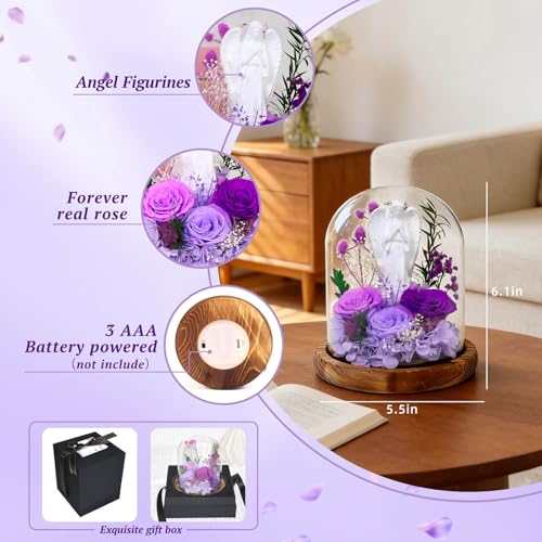 Purple Forever Real Rose Gift for Mom Women Teacher with LED Glass Dome