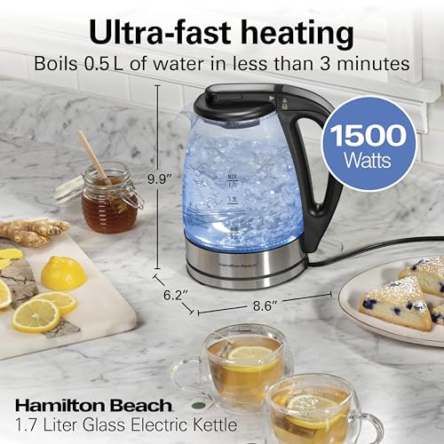 Glass Electric Tea Kettle 1.7L Water Boiler & Heater - Blue LED, Auto Shutoff