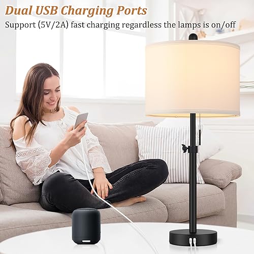 Kondras Adjustable Bedside Table Lamp Set - Black Base & White Shade, 23-30 Inches