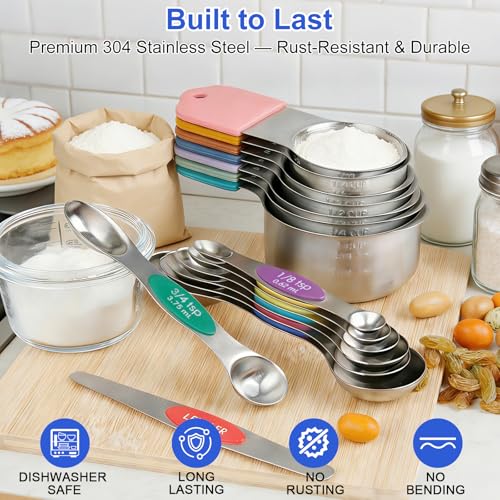 Light Colorful Magnetic Measuring Cups and Spoons Set - Heavy Duty 304 Stainless Steel