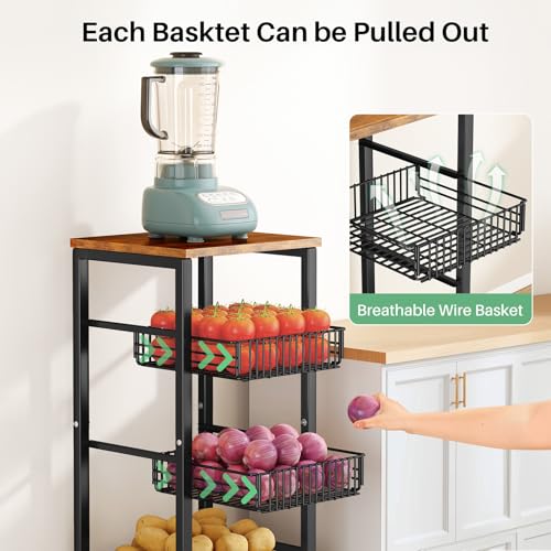 Fruit Basket Stand with Pull-Out Vegetable Baskets - 11.8"D x 15.7"W x 33.7"H, Black