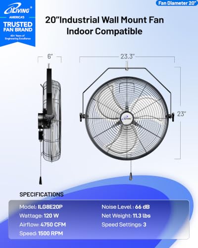 iLiving 20 Inch Wall Mount Fan - High Velocity 4750 CFM, 3-Speed Industrial Metal Fan with 360° Tilt