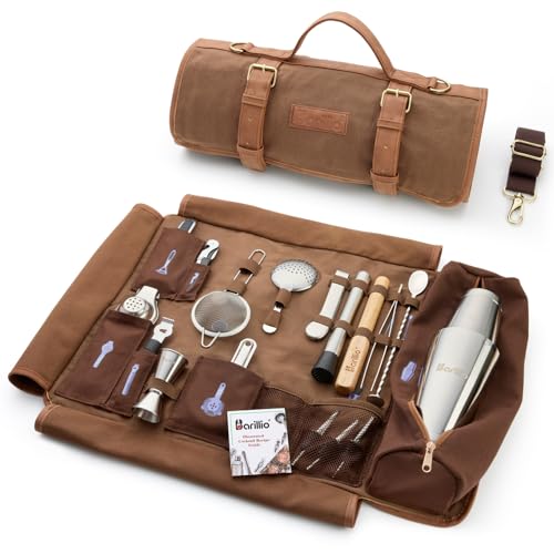 Travel Bartender Kit Bag with Cocktail Shaker Set - Brown & Silver, 17-Piece Portable Bar Tool Organizer