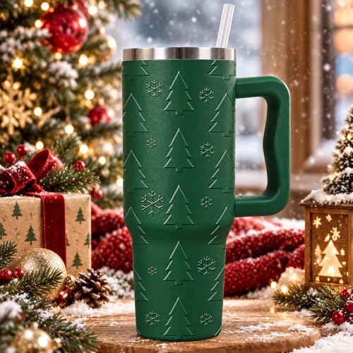 40 Oz Stainless Steel Christmas Tumbler with Handle, Holiday Green Tree Design