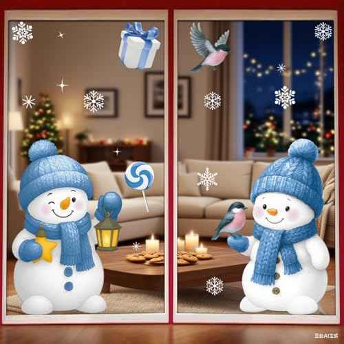 Christmas Window Stickers Cute Snowman Snowflake Window Clings Decals Reusable Double Sided Static Clings Window Clings for Glass Windows for Winter Christmas Decorations 4 Sheet