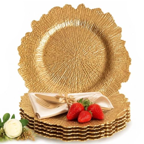 Gold Charger Plates Bulk 50 Pcs 13 Inch Heavy-Duty Plastic Dinner Chargers - Reusable & Durable