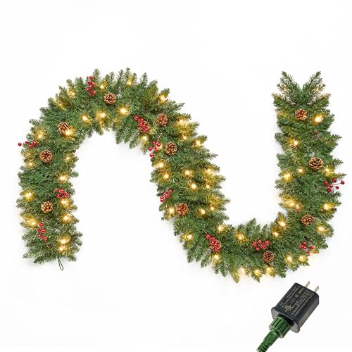 Joiedomi 9 ft Prelit Red Berries Pine Garland with 50 Warm White Lights - Christmas Greenery