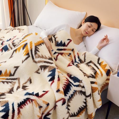 Ivory Bohemia Sherpa Fleece Blanket 90x112 Inch King Size Ultra Soft Throw