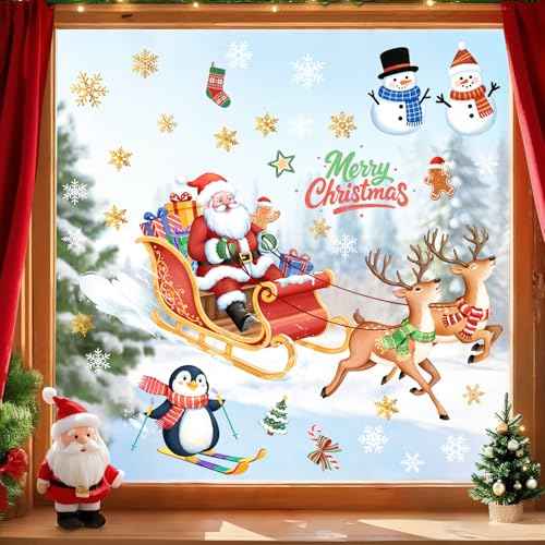 Christmas Window Clings Decoration, Santa Sleigh Reindeer Snowman Reusable No Glue Stickers Xmas Decals Christmas Decorations for Window Glass Party Supplies