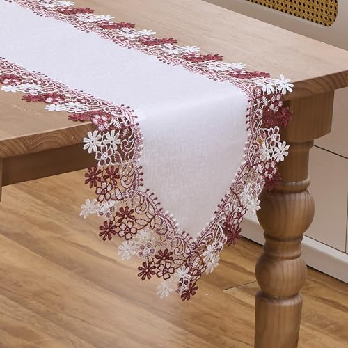 White Dark Red Floral Lace Table Runner Dresser Scarf (16” x72”)