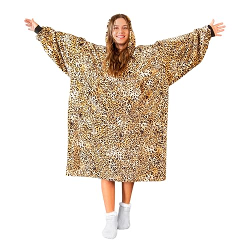 Carstens Premium Leopard Print Hooded Blanket Hoodie for Adults, Wearable Throw with Pockets & Sleeves