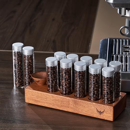 Coffee Bean Storage Tubes Set with Wooden Stand & Funnel - Airtight Glass Vials for Espresso & Filter Coffee, 10 Pieces