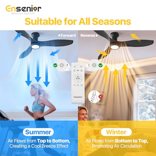 Ensenior 52 Inch Black Flush Mount Ceiling Fan with Lights & Remote