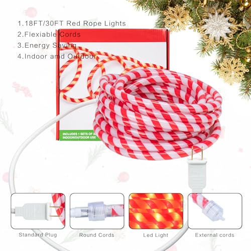 Vigdur Red Candy Cane Christmas Rope Lights 18FT 216 LEDs Outdoor Waterproof