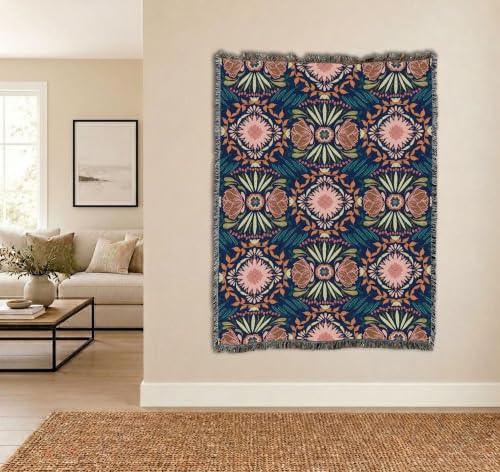 Pure Country Weavers Peony Medallion Navy Blanket, 72x54 - Made in USA, Woven Cotton