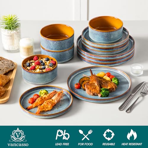 Vancasso Onion Ceramic Dinnerware Set for 4 - 12 Pieces Blue Reactive Glaze