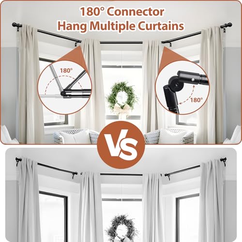 U Shaped Black Bay Window Curtain Rods - 1 Inch Heavy Duty Adjustable Curved Set