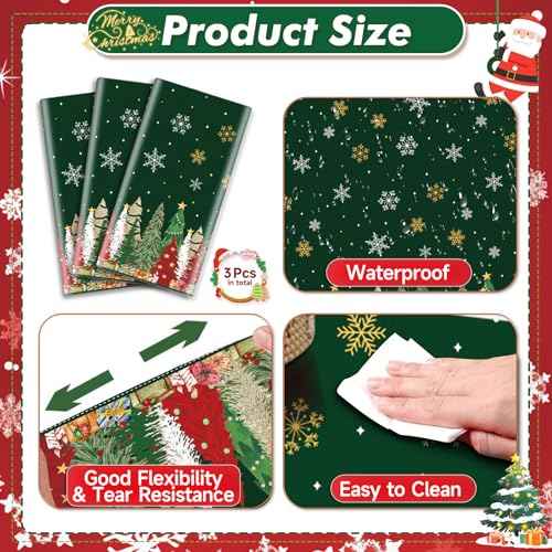 3 Pcs Christmas Tablecloth - Xmas Tree Plastic Table Cloth, 54 x 108 Inch Green Xmas Disposable Rectangle Table Cover with Snowflake Pattern for Christmas Party, Winter Holiday Dinner Decoration
