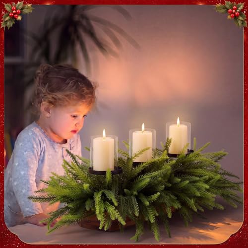 Suttmin Norfolk Pine Stems Christmas Candle Holder Centerpiece with Metal Candle Column, Wooden Base & Glass Covers