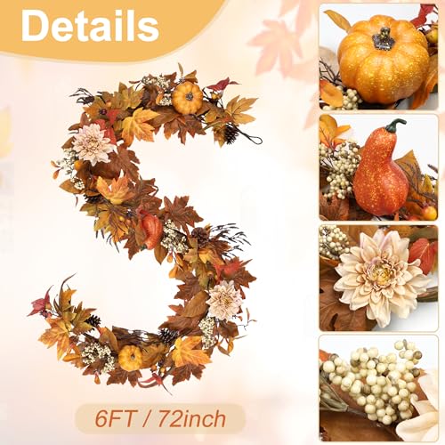 6Ft Autumn Leaf Garland with Pumpkins Berries Pinecones Fall Decor for Home & Porch