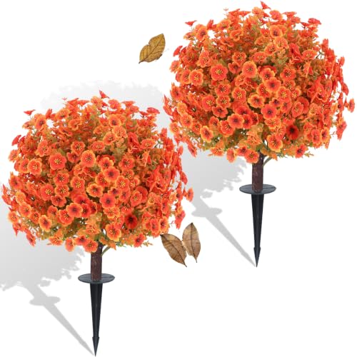 Artificial Fall Mums Topiary Ball Tree with Ground Spike - Orange