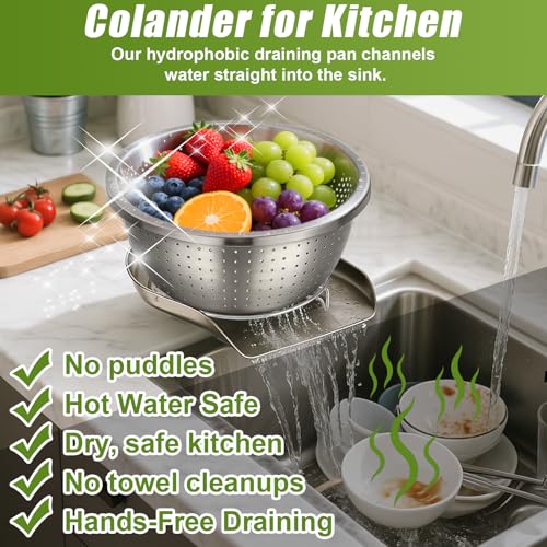 3 Sizes Stainless Steel Colander Set with Self-Draining Base Plate - Food Strainers for Pasta, Rice, Fruits & Veggies