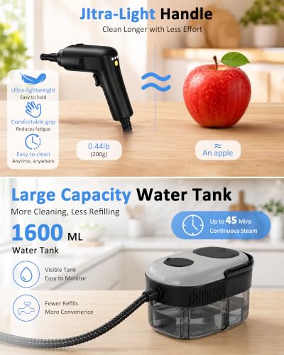 Portable Handheld Steam Cleaner - Black & Gray, Fast Heating 15s, 3Bar Pressure