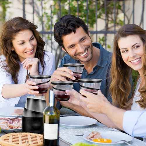 Gejoy 9 oz Rimmed Swirl Plastic Cups Disposable Wine Drinking Cups Clear Elegant Halloween Tumblers for Christmas Party Supplies(Black,24 Pcs)