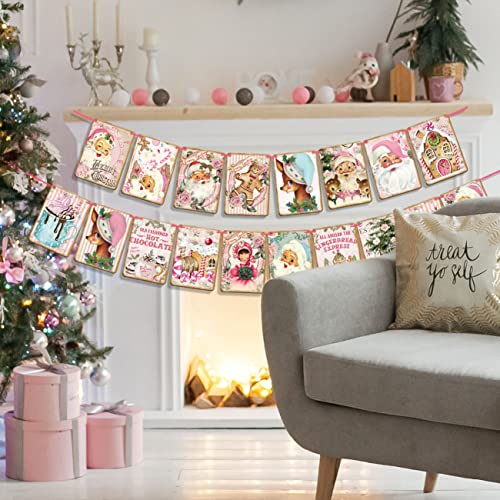 Pink Christmas Banner Garland with Santa, Reindeer & Merry Christmas Letters