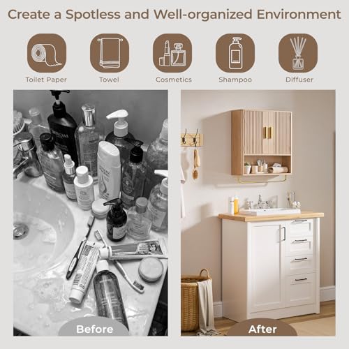 Memobarco Natural Oak Bathroom Wall Cabinet with Fluted Door & Adjustable Shelf