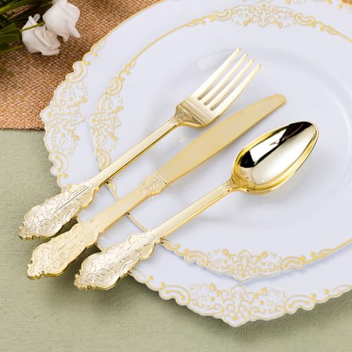 Gold Plastic Silverware Set with 100 Pre-Rolled Napkins - Vintage Design, Heavy Duty, Disposable for Parties & Weddings - Gold / 100