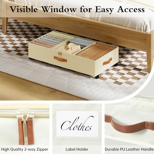 Yecaye Beige Large 60L Under Bed Storage Containers with Wheels, Adjustable Dividers & Clear Lid - 4 Pack