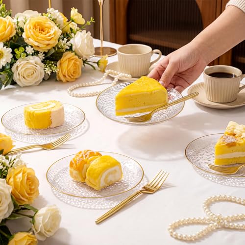 Clear Gold Dessert Plates with Forks Set - 6 Inch Hammered Plastic Party Plates & Gold Forks, Elegant Disposable Dinnerware for Weddings & Events
