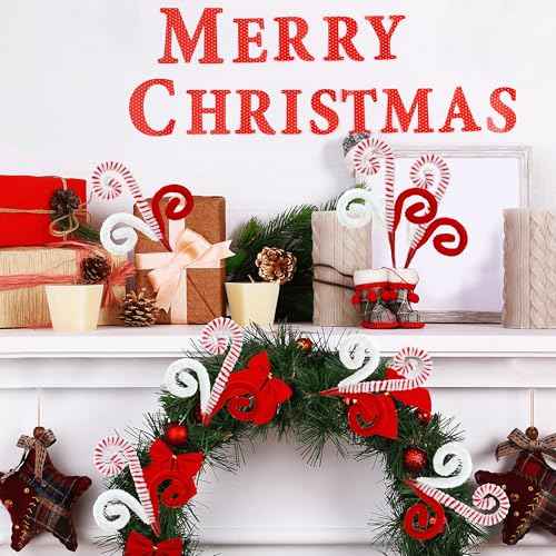 Sggvecsy 6 Pcs Christmas Tree Decoration Woolen Bells Candy Cane Shape Picks Lollipop Curly Pick Ornaments Xmas Tree Topper for Vase Filler Home Office Decor (Red)