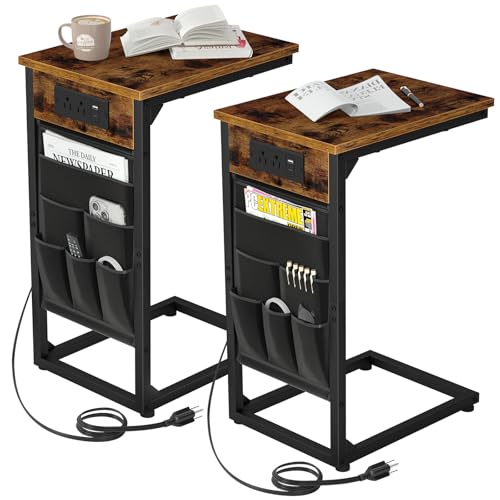 C Shaped End Table with Charging Station - Rustic Brown, Set of 2