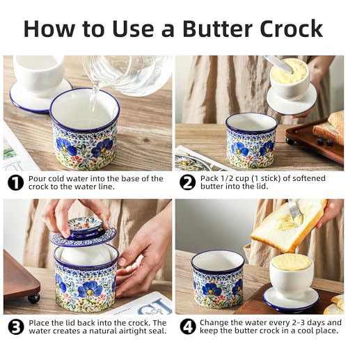 Blue Lily Ceramic Butter Crock with Lid - French Style Countertop Butter Keeper