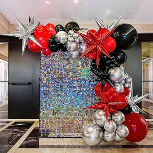 6PCS Star Balloons, 22Inch Black Red and Silver Star Balloon Foil Balloons Spike Cone Balloon for Graduation Birthday Anniversary New Year Kids Boys Party Decorations