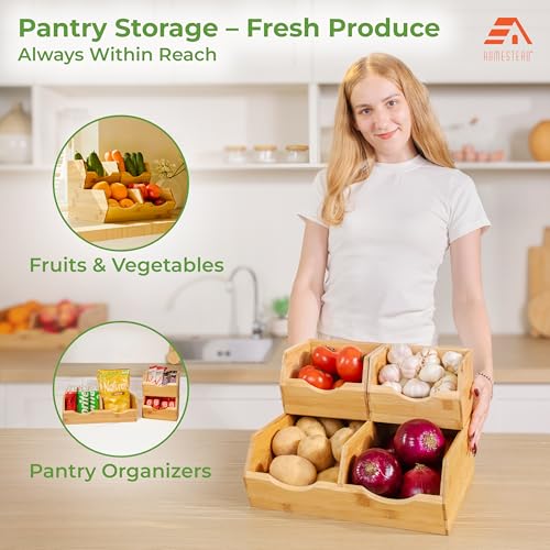 Medium Bamboo Pantry Storage Bins Set of 3 Stackable Fruit & Vegetable Organizer