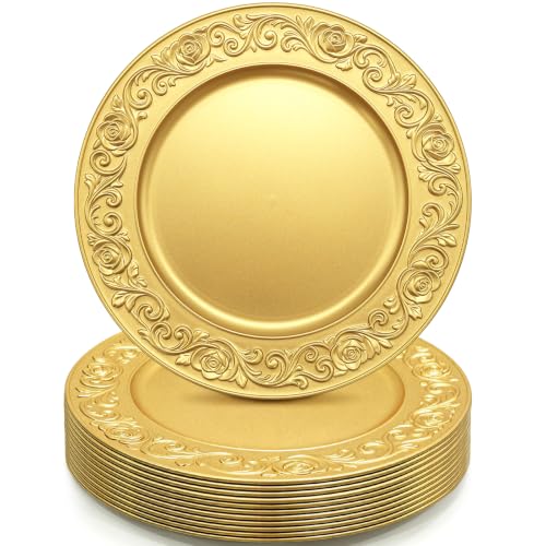 Cheardia 12 Pcs 13” Gold Charger Plates - Ornate 3D Rose Pattern