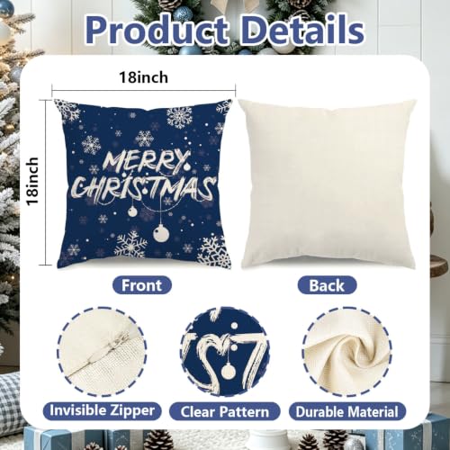 Blue Merry Christmas Snowflake Pillow Covers 18x18 Inch, Set of 4 - 18" Square