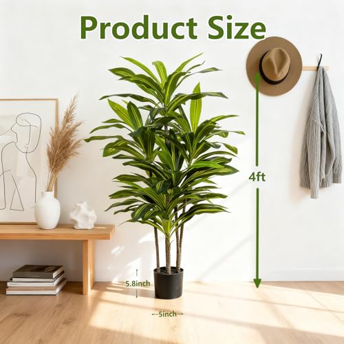 CyanZen 4ft Artificial Dracaena Tree - Large Indoor Faux Plant with Realistic Leaves