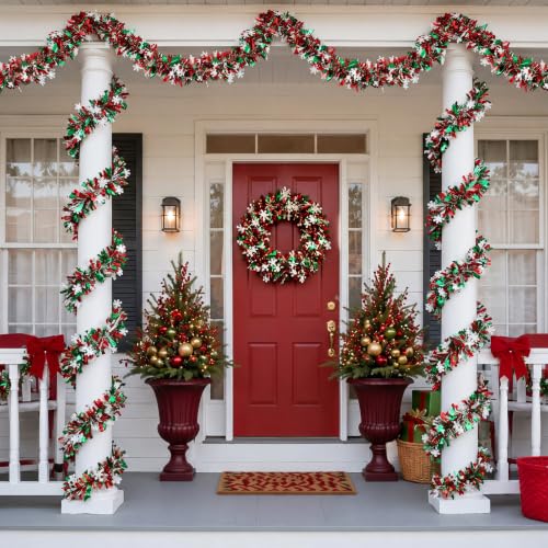 Riceshoot 131ft Red Green White Christmas Tinsel Garland Metallic Foil Decor, Classic 40m