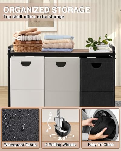 Laundry Sorter with 3 Removable Bags and Wooden Shelf - Black, Gray, White, 180L