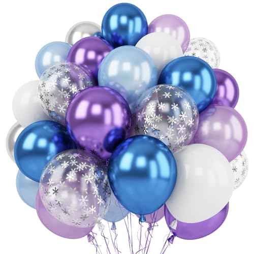 Winter Snowflake Balloons, 60 Packs 12 Inch Metallic Purple Blue White Silver Balloon with Confetti Balloon for Birthday Party Baby Shower Christmas Winter Wonderland Party Decoration