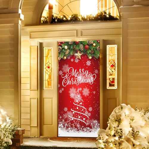 Christmas Door Cover - Cartoon Snow Decorations Curtain for Front Door, Suitable for Farmhouse Welcome, Party Supplies, Home Decor - 70.8x35.4 Inches