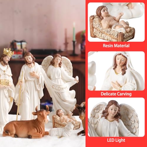 Ovewios 11-Piece White Nativity Set Figurines | Hand Resin Baby Jesus Holy Family Indoor Decor