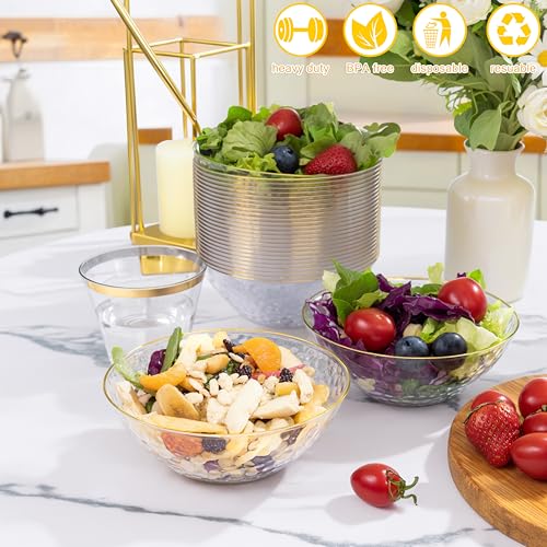 Rubtlamp 50 Pack Clear Disposable Plastic Bowls with Gold Rim, 12oz Heavy Duty for Salads & Snacks - Gold Variant